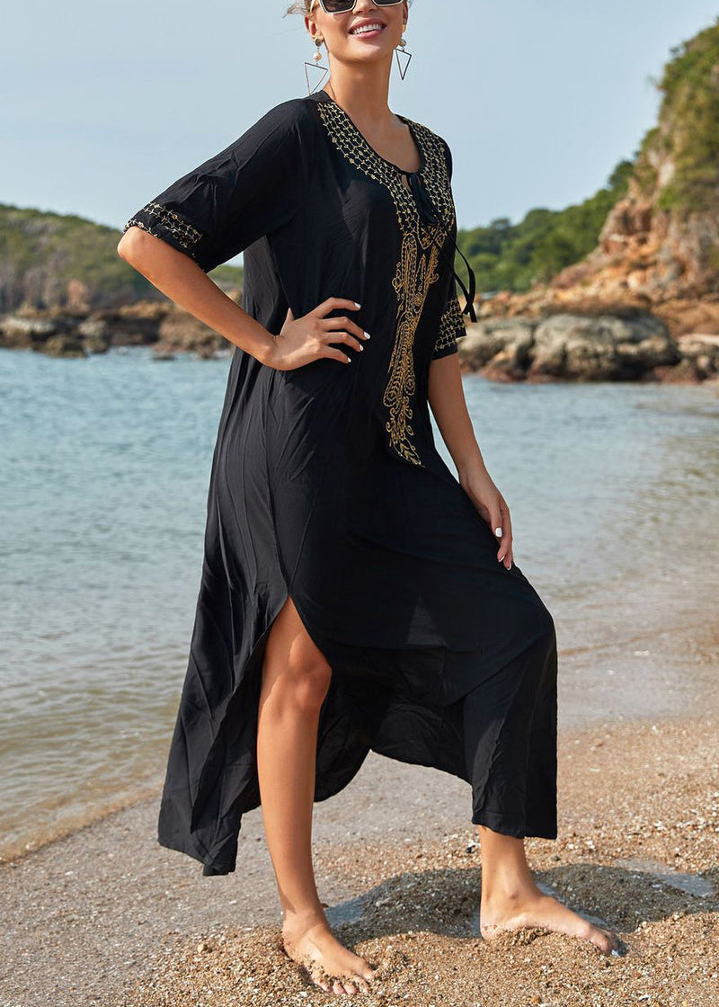 French Black Lace Up Side Open Cotton Long Dresses Summer Aa1052