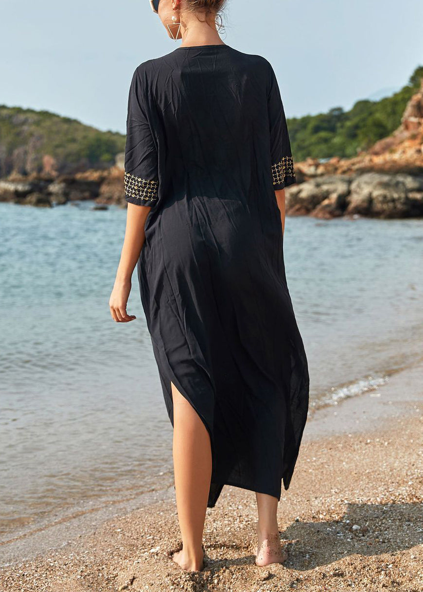French Black Lace Up Side Open Cotton Long Dresses Summer Aa1052