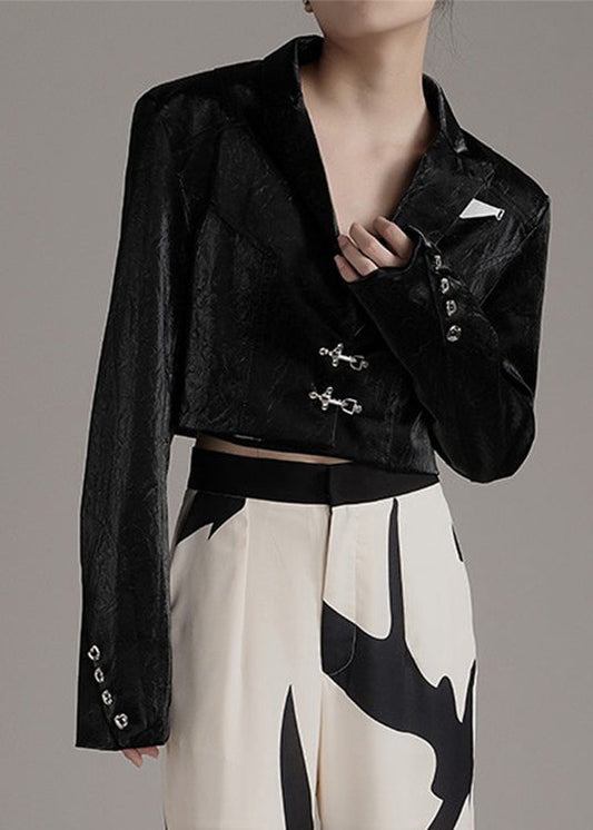 French Black Notched Button Faux Leather Coats Spring Ab1050