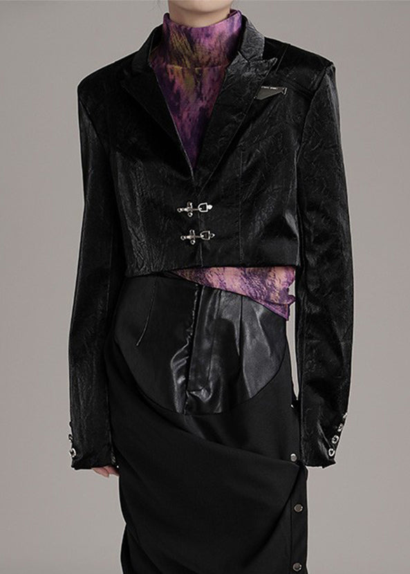 French Black Notched Button Faux Leather Coats Spring Ab1050