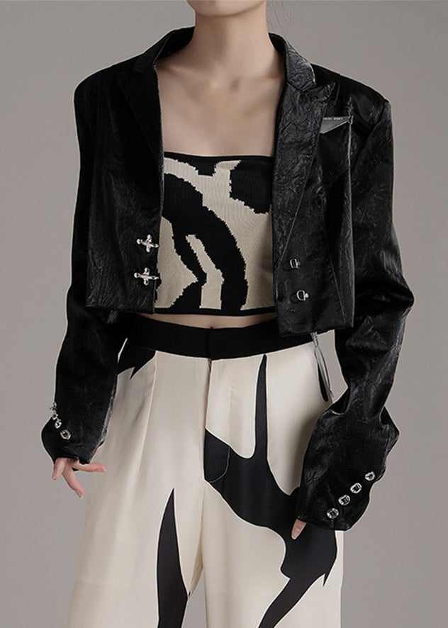 French Black Notched Button Faux Leather Coats Spring Ab1050