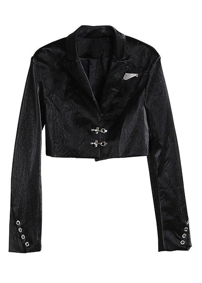 French Black Notched Button Faux Leather Coats Spring Ab1050