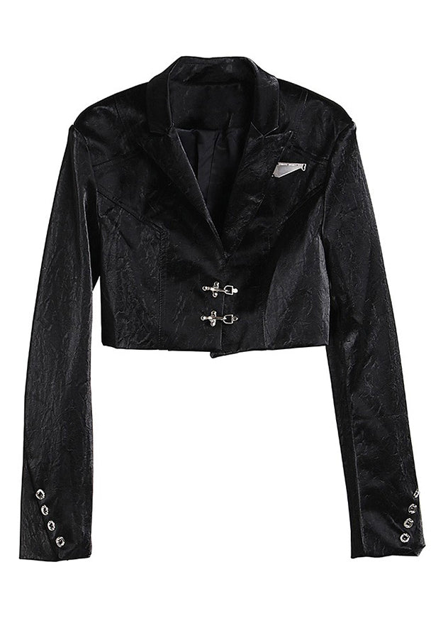 French Black Notched Button Faux Leather Coats Spring Ab1050