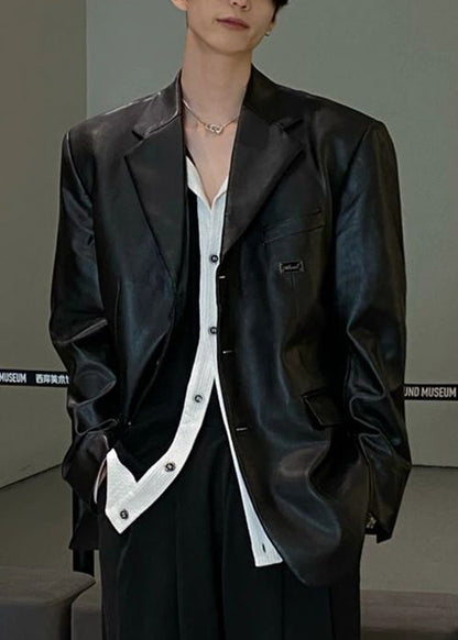 French Black Notched Button Faux Leather Coat Spring Rn033
