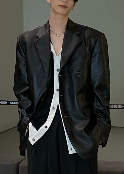 French Black Notched Button Faux Leather Coat Spring Rn033