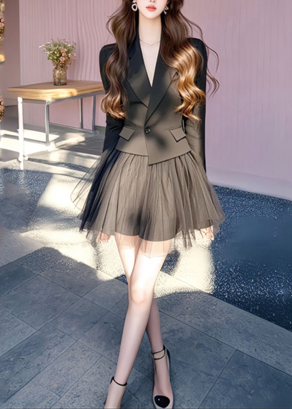Black French and Long Skirts Coats Notched Tulle Set Two Pieces