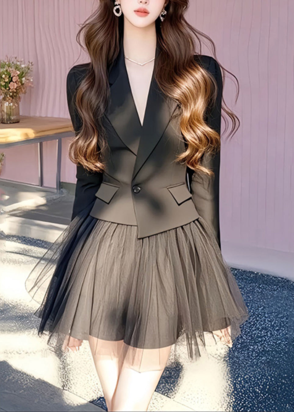 Black French and Long Skirts Coats Notched Tulle Set Two Pieces