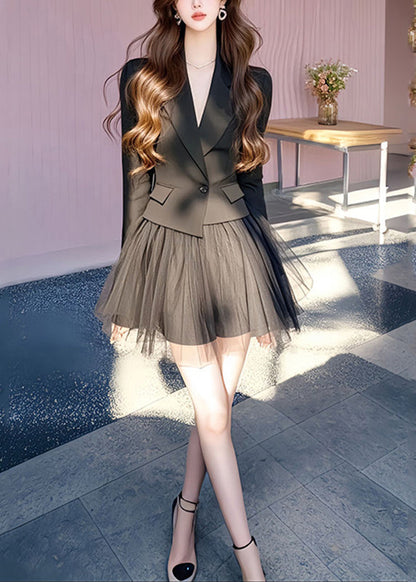 Black French and Long Skirts Coats Notched Tulle Set Two Pieces