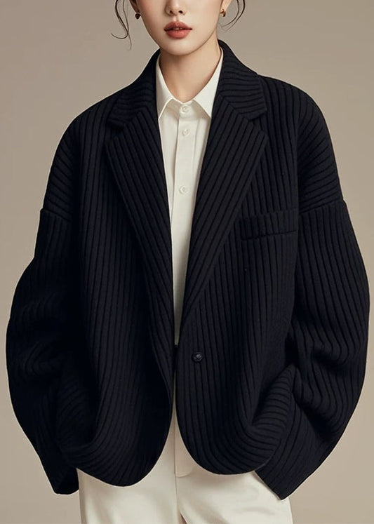 French Black Notched Striped Button Spandex Coats Fall Er003