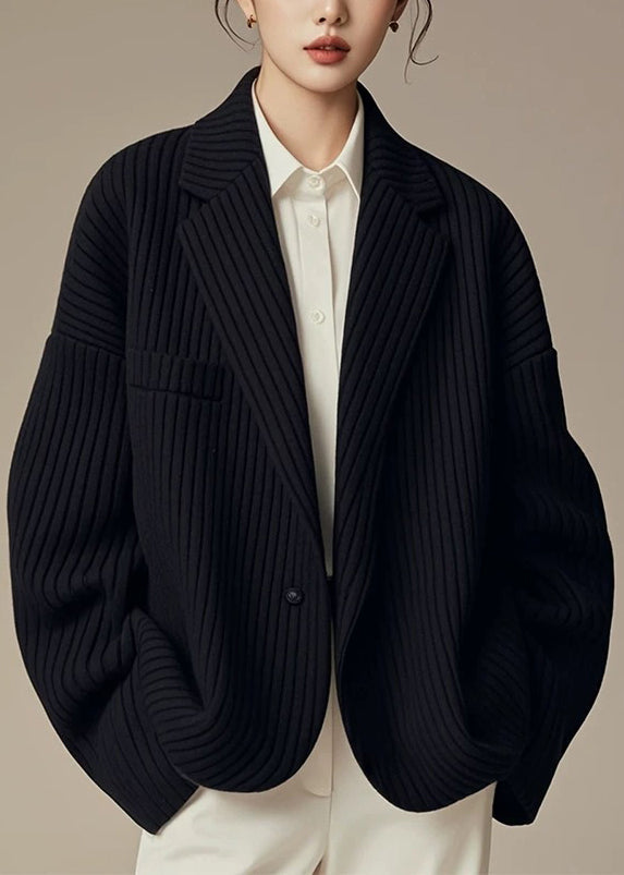 French Black Notched Striped Button Spandex Coats Fall Er003
