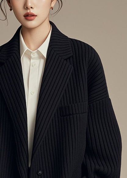 French Black Notched Striped Button Spandex Coats Fall Er003