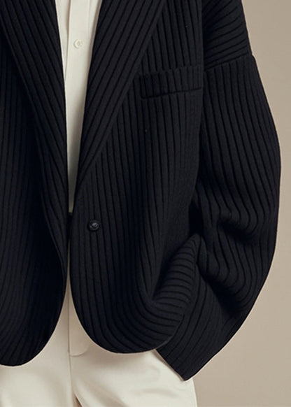 French Black Notched Striped Button Spandex Coats Fall Er003