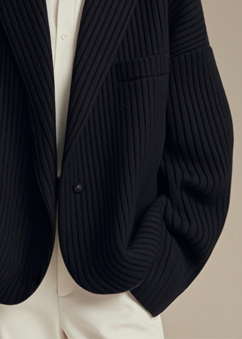 French Black Notched Striped Button Spandex Coats Fall Er003