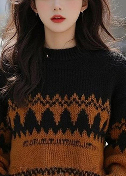 French Black O Neck Cozy Patchwork Wool Knit Sweater Winter Wx015