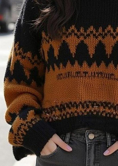 French Black O Neck Cozy Patchwork Wool Knit Sweater Winter Wx015