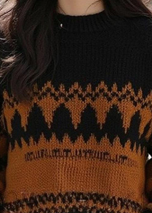 French Black O Neck Cozy Patchwork Wool Knit Sweater Winter Wx015