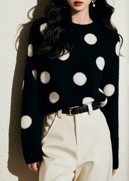 French Black O-neck Dot Print Cozy Cotton Knit Sweater Spring To037