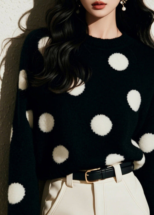 French Black O-neck Dot Print Cozy Cotton Knit Sweater Spring To037
