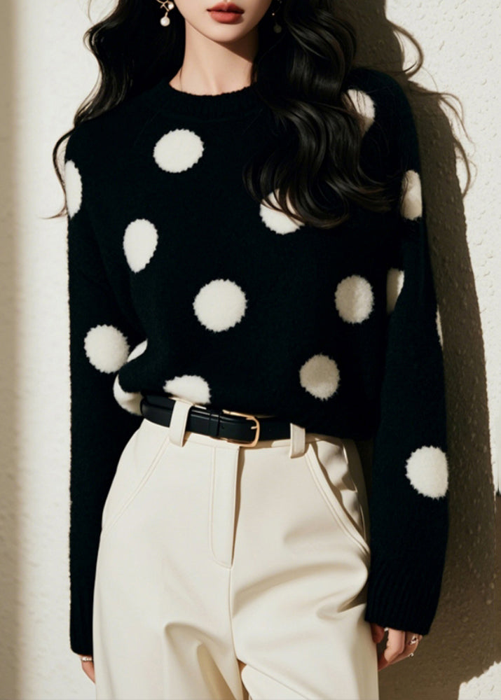 French Black O-neck Dot Print Cozy Cotton Knit Sweater Spring To037