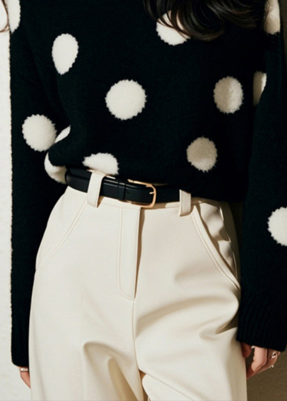 French Black O-neck Dot Print Cozy Cotton Knit Sweater Spring To037