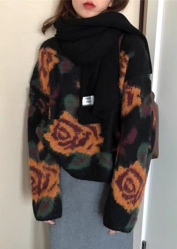 French Black O Neck Jacquard Knit Sweater Tops Spring Tn027