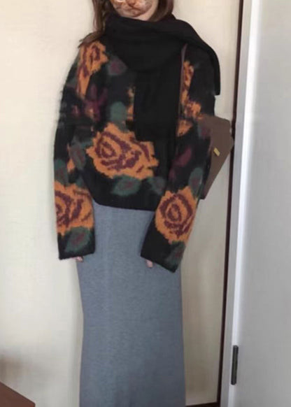 French Black O Neck Jacquard Knit Sweater Tops Spring Tn027