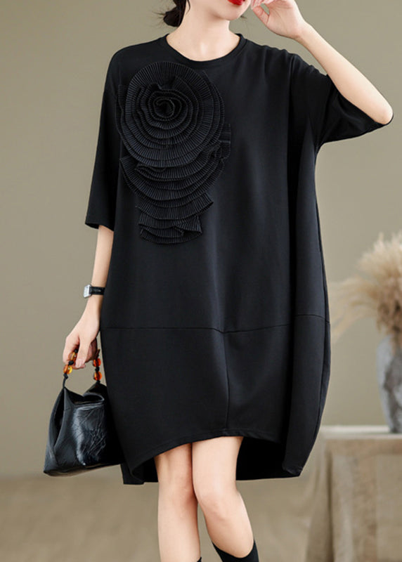 French Black O-neck Wrinkled Long Dresses Summer Uu036