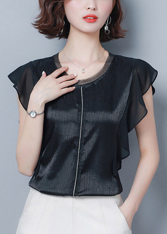 French Black O-neck Patchwork Ruffles Silk Blouse Top Summer Ly0462