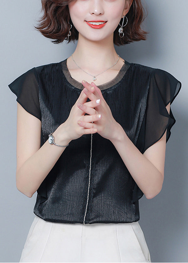 French Black O-neck Patchwork Ruffles Silk Blouse Top Summer Ly0462