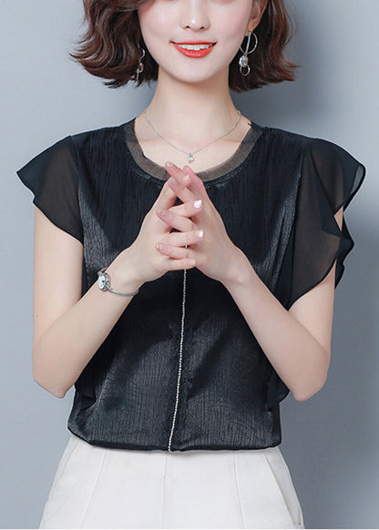 French Black O-neck Patchwork Ruffles Silk Blouse Top Summer Ly0462