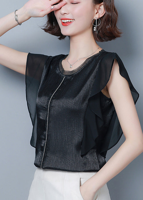 French Black O-neck Patchwork Ruffles Silk Blouse Top Summer Ly0462