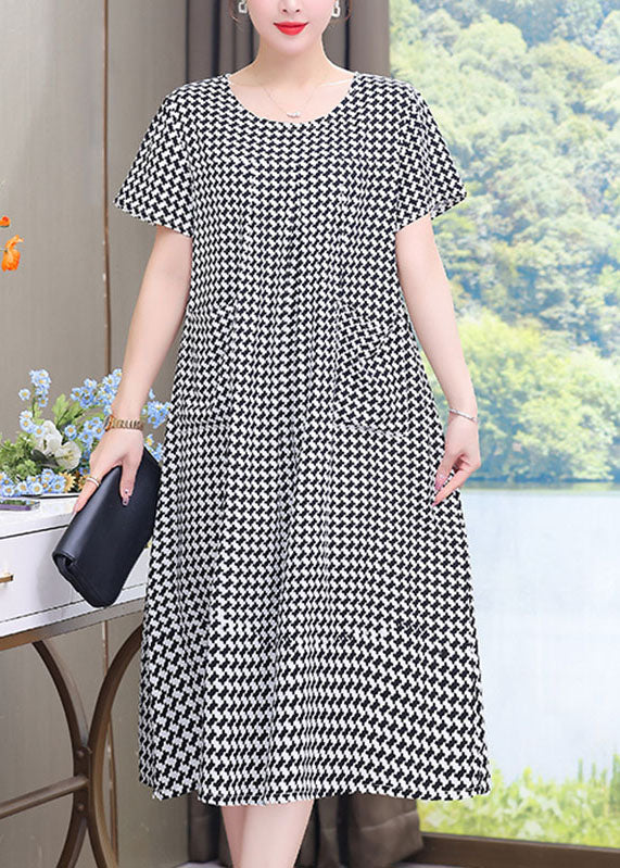 French Black O-neck Plaid Patchwork Maxi Dresses Summer Vb1052
