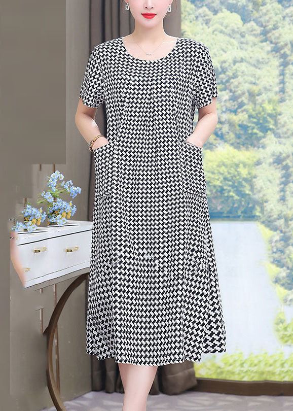 French Black O-neck Plaid Patchwork Maxi Dresses Summer Vb1052