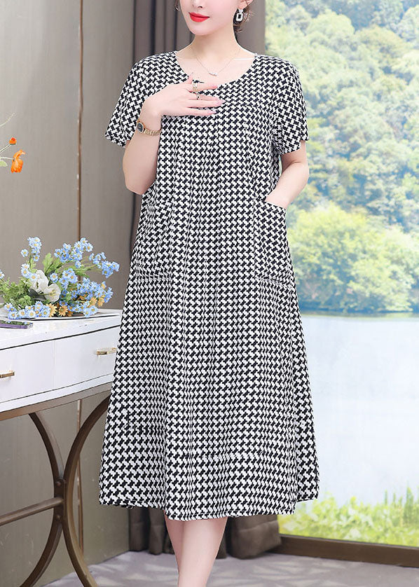 French Black O-neck Plaid Patchwork Maxi Dresses Summer Vb1052