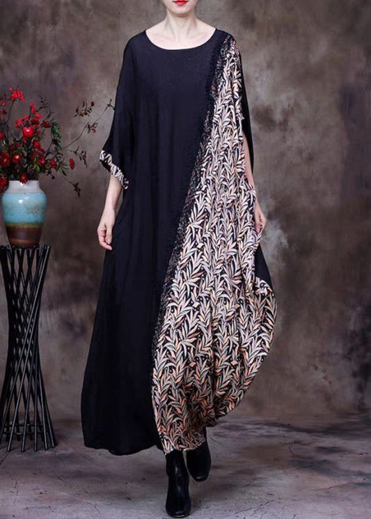 French Black O Neck Print Patchwork Silk Long Dresses Half Sleeve Op1039