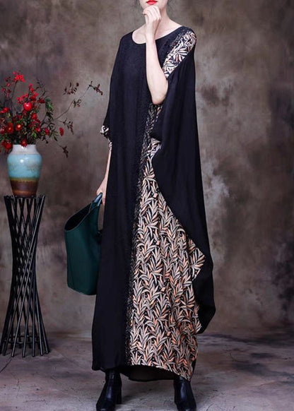 French Black O Neck Print Patchwork Silk Long Dresses Half Sleeve Op1039