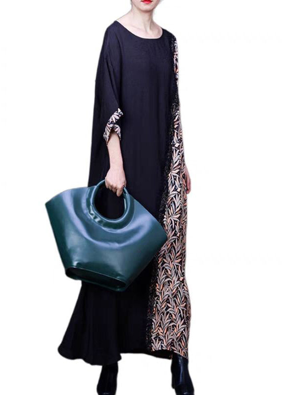 French Black O Neck Print Patchwork Silk Long Dresses Half Sleeve Op1039