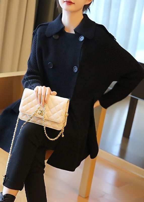 French Black Oversized Patchwork Double Breast Woolen Coat Spring Ly1434