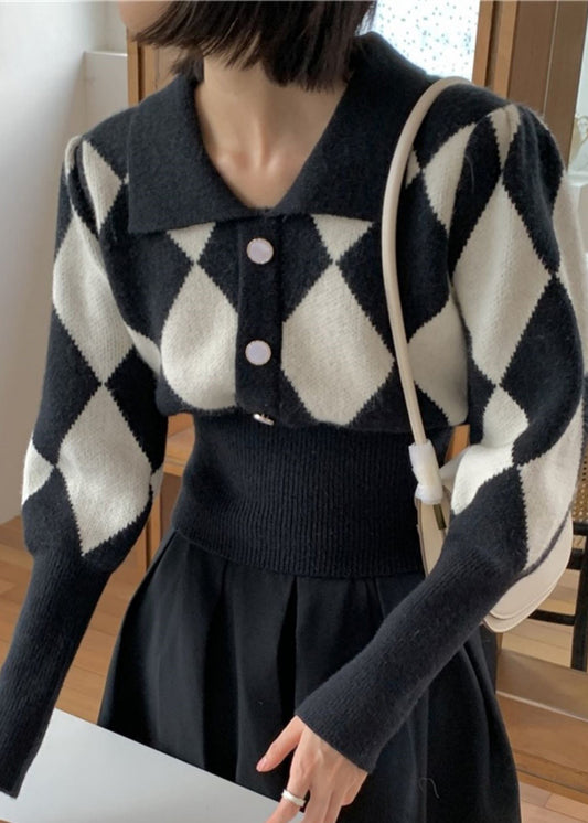 French Black Peter Pan Collar Plaid Knit Sweaters Fall Tu053