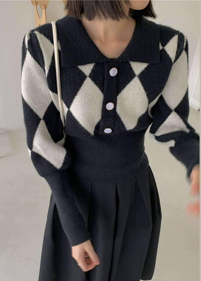 French Black Peter Pan Collar Plaid Knit Sweaters Fall Tu053