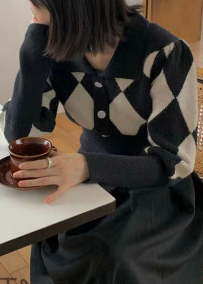French Black Peter Pan Collar Plaid Knit Sweaters Fall Tu053