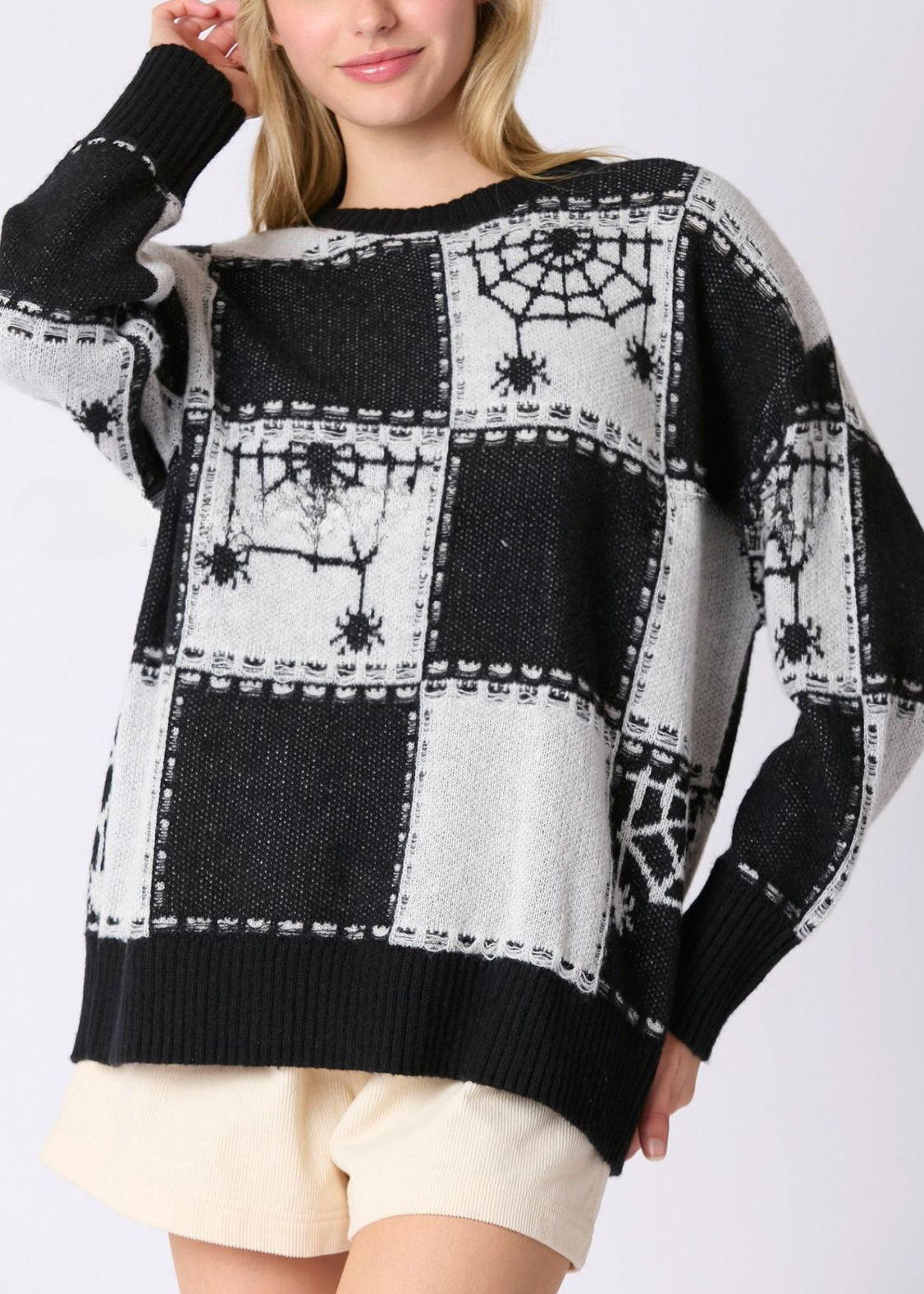 French Black Plaid Cozy Patchwork Knit Sweater Fall Ae1026