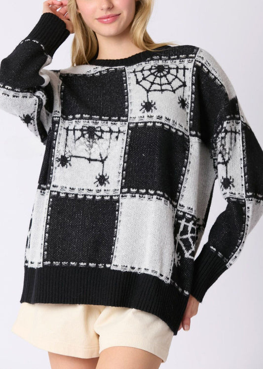 French Black Plaid Cozy Patchwork Knit Sweater Fall Ae1026