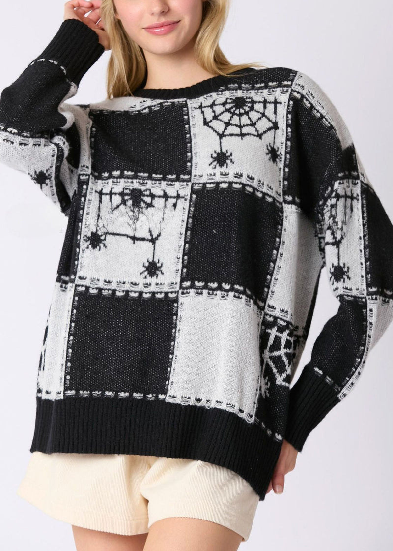 French Black Plaid Cozy Patchwork Knit Sweater Fall Ae1026