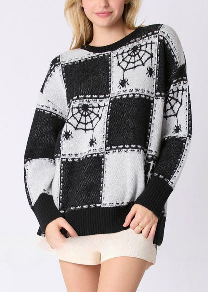 French Black Plaid Cozy Patchwork Knit Sweater Fall Ae1026