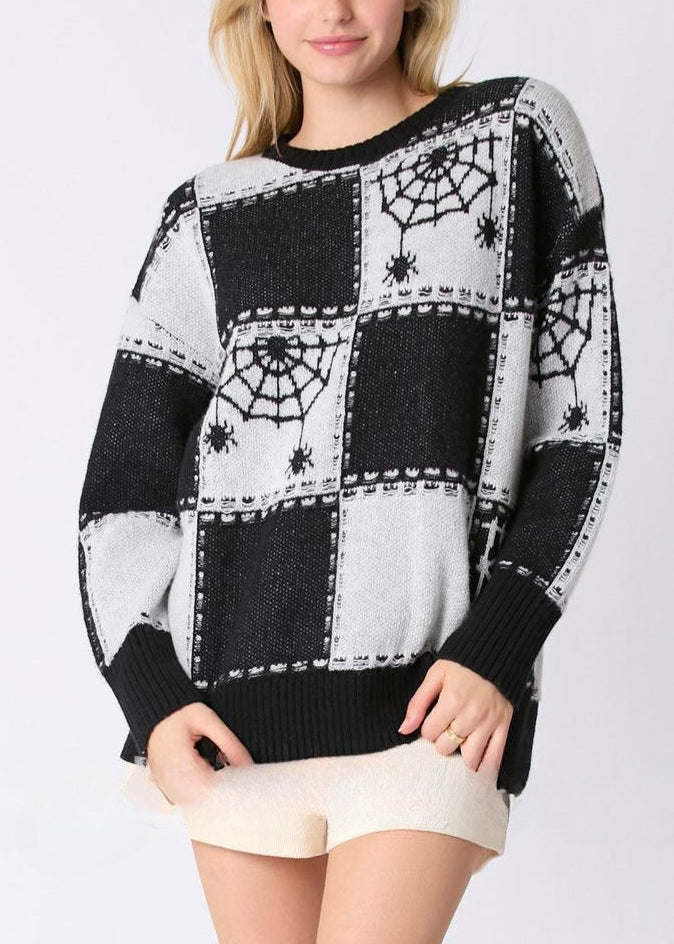 French Black Plaid Cozy Patchwork Knit Sweater Fall Ae1026