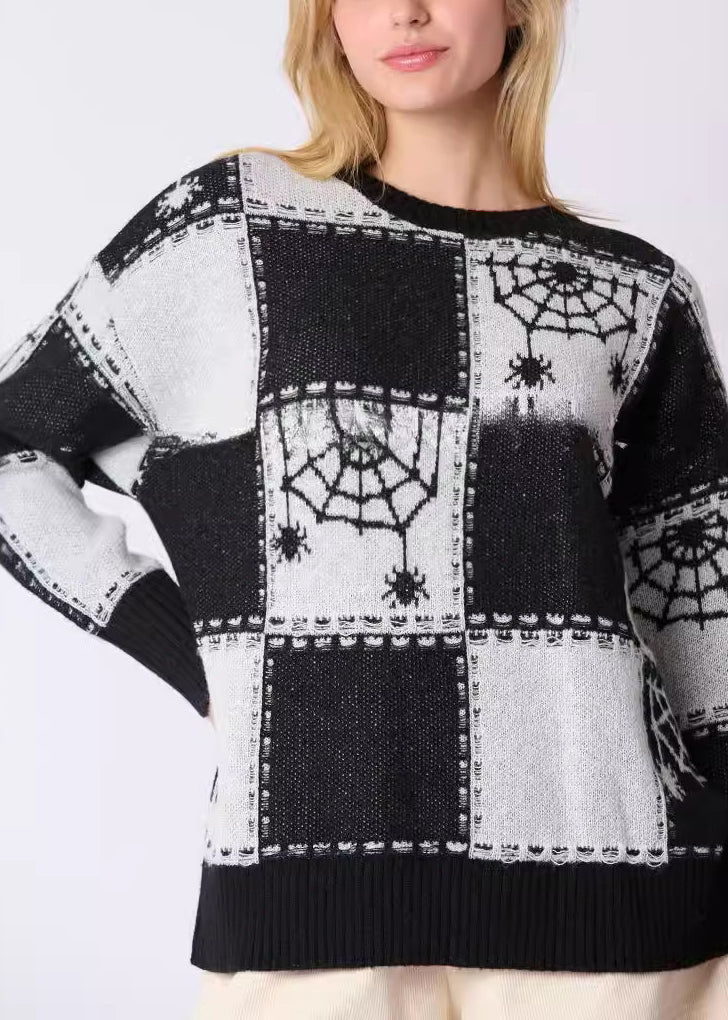 French Black Plaid Cozy Patchwork Knit Sweater Fall Ae1026