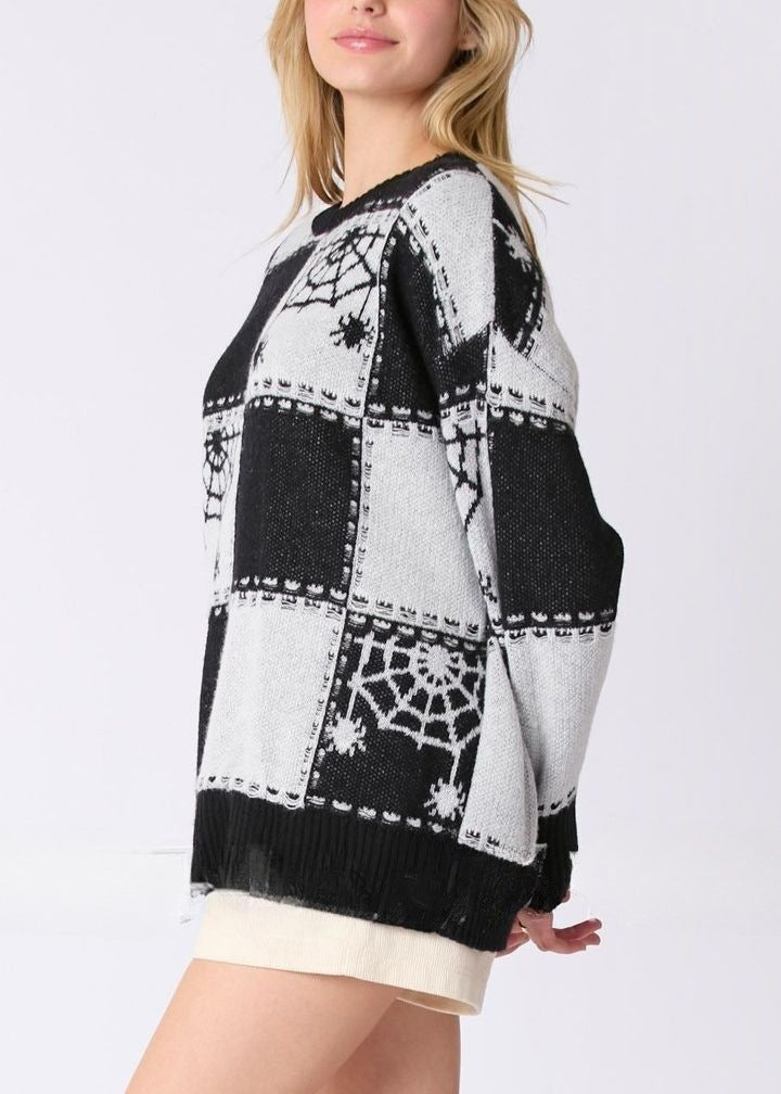 French Black Plaid Cozy Patchwork Knit Sweater Fall Ae1026