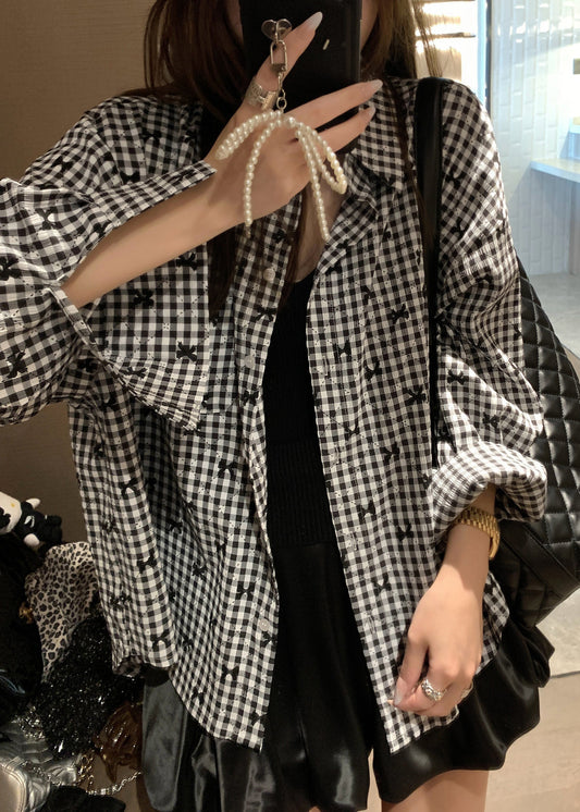 French Black Plaid Stand Collar Button Cotton Blouses Spring Vv008