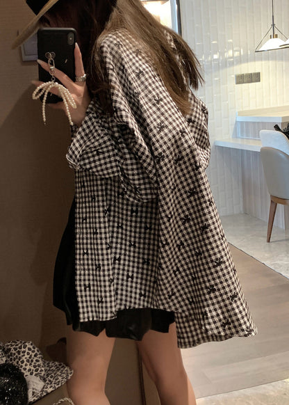 Urban Blue Plaid Stand Collar Button Cotton Blouses Spring Nn019